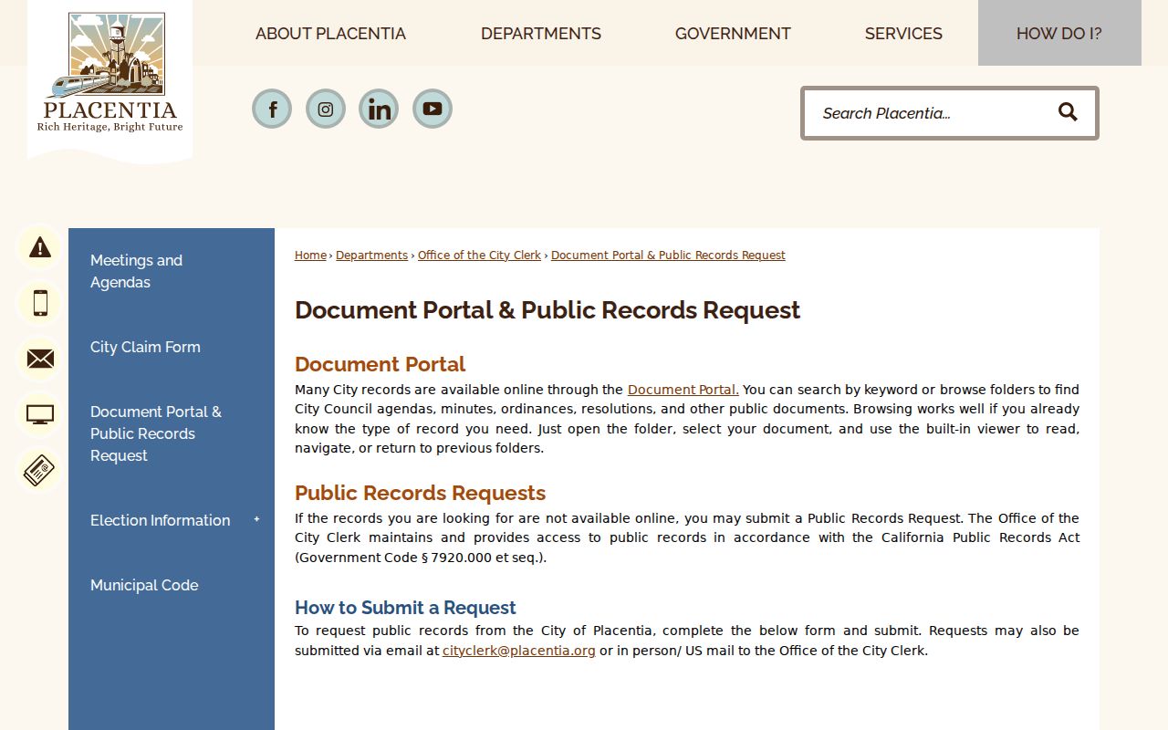 Placentia people search city public records request page