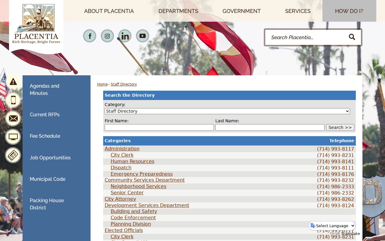 City of Placentia staff directory category and name search