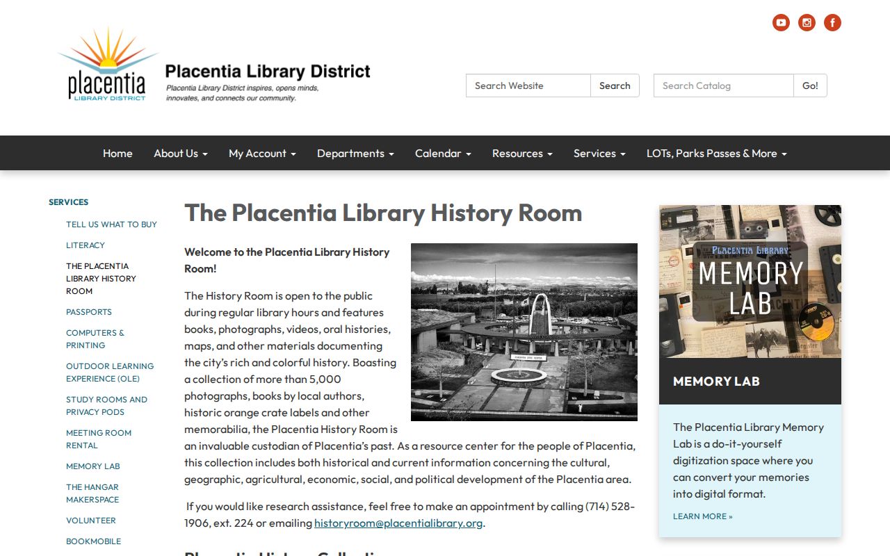 Placentia Library History Room collections and research contact