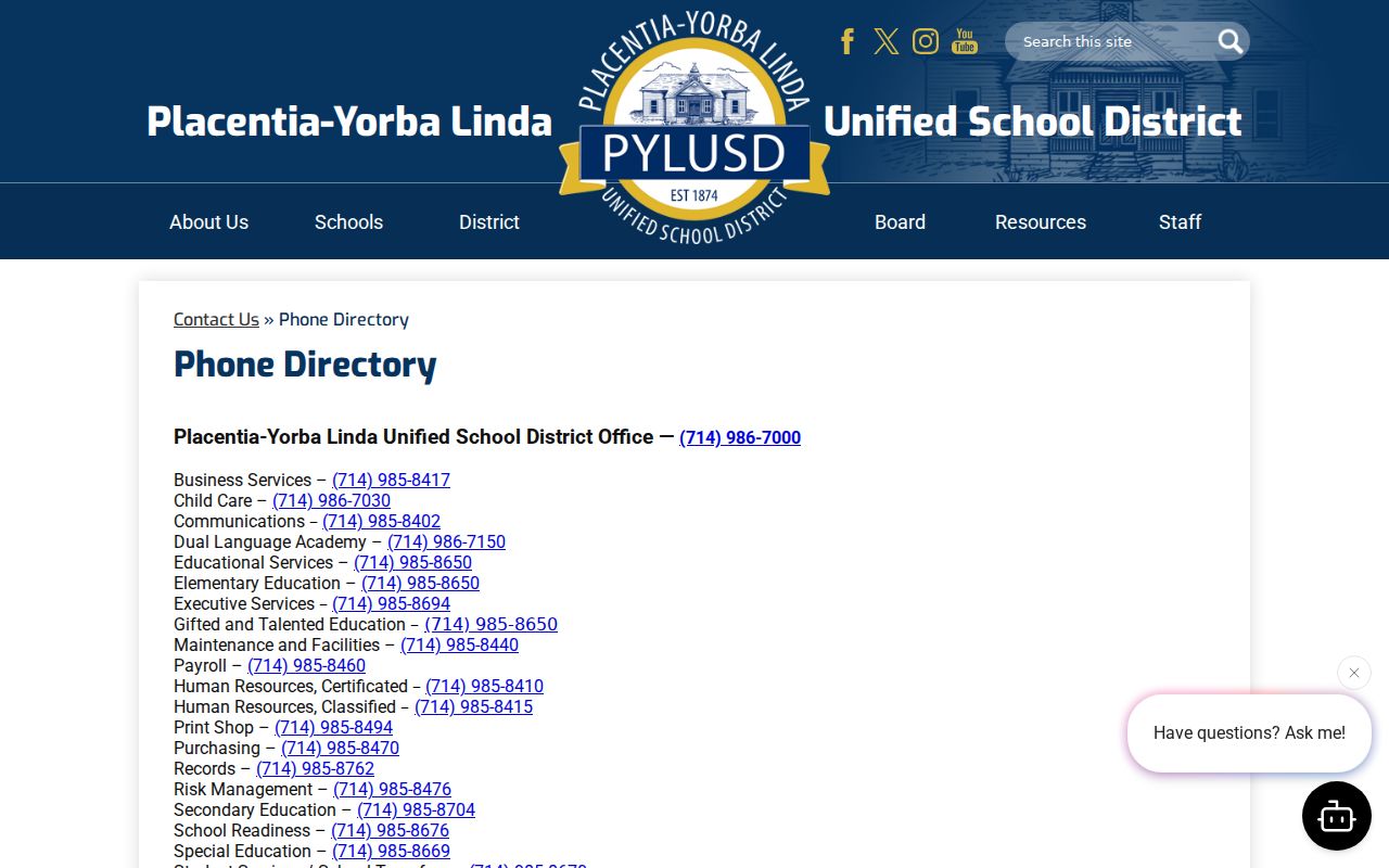 Placentia-Yorba Linda Unified School District phone directory