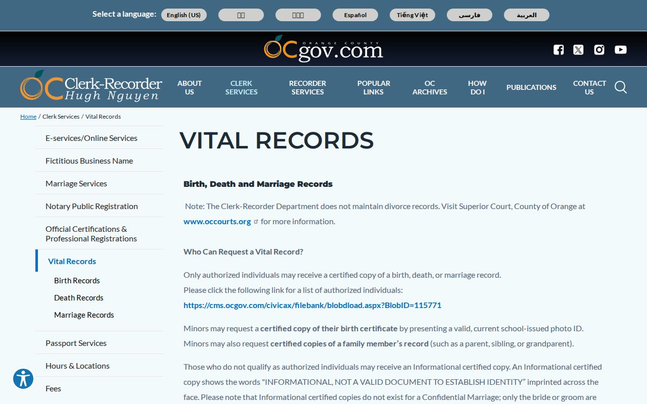 Placentia public records information on Orange County vital certificate access