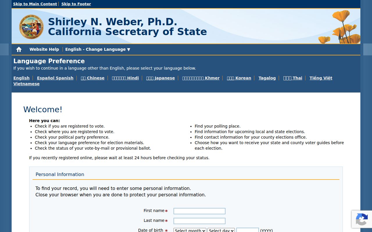 Placentia voter registration records lookup on California My Voter Status