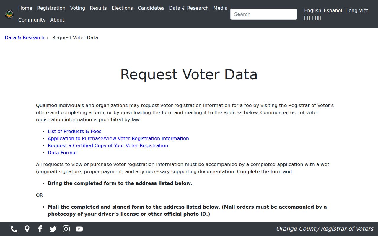 Placentia voter registration records request options from Orange County